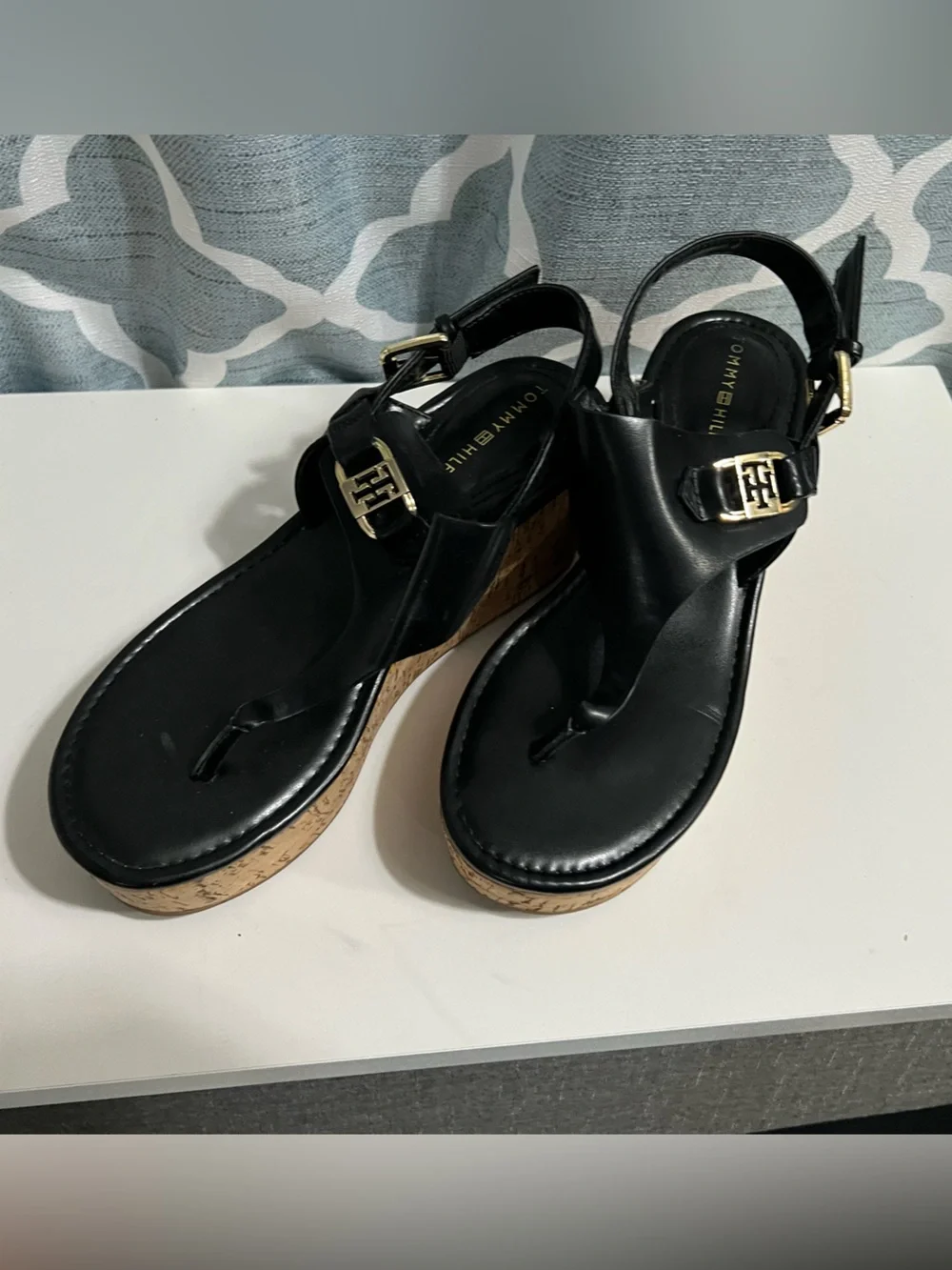 Tommy Hilfiger black  with tan heels Wedges